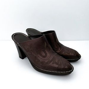 Donald J Pliner Embroidered Heeled Brown Leather Mules